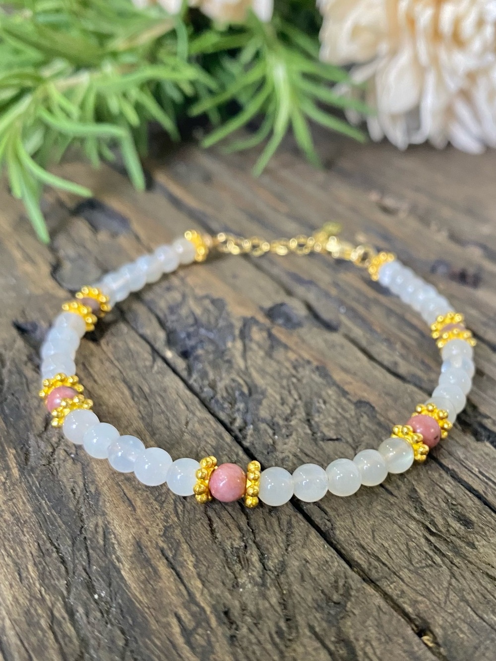 Tiny Moonstone gemstone bracelet, white, pink & gold